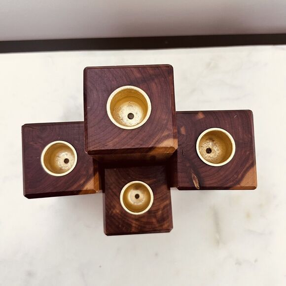 Vintage Wood Block Candle Holder Handmade Graduated Set of 4 Minimalist - Picture 6 of 16